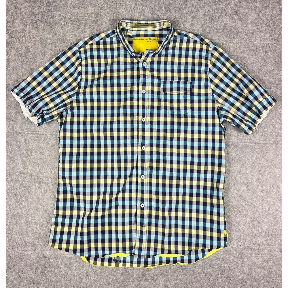 Descendent Of Thieves Button Shirt Dres Ladre Mens XL Check Blue Yellow HOLE